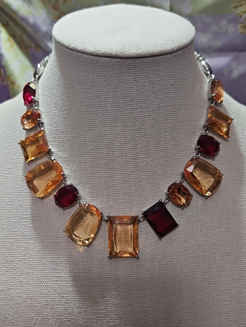 White House Black Market Gold-Tone Necklace with Amber and Burgundy Stones